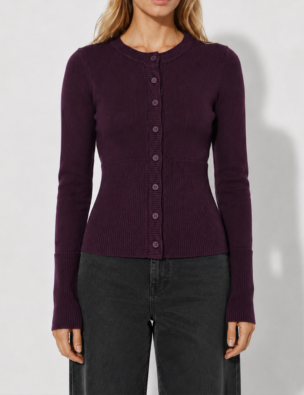 Ladies Button Front Ribbed Knit Cardigan