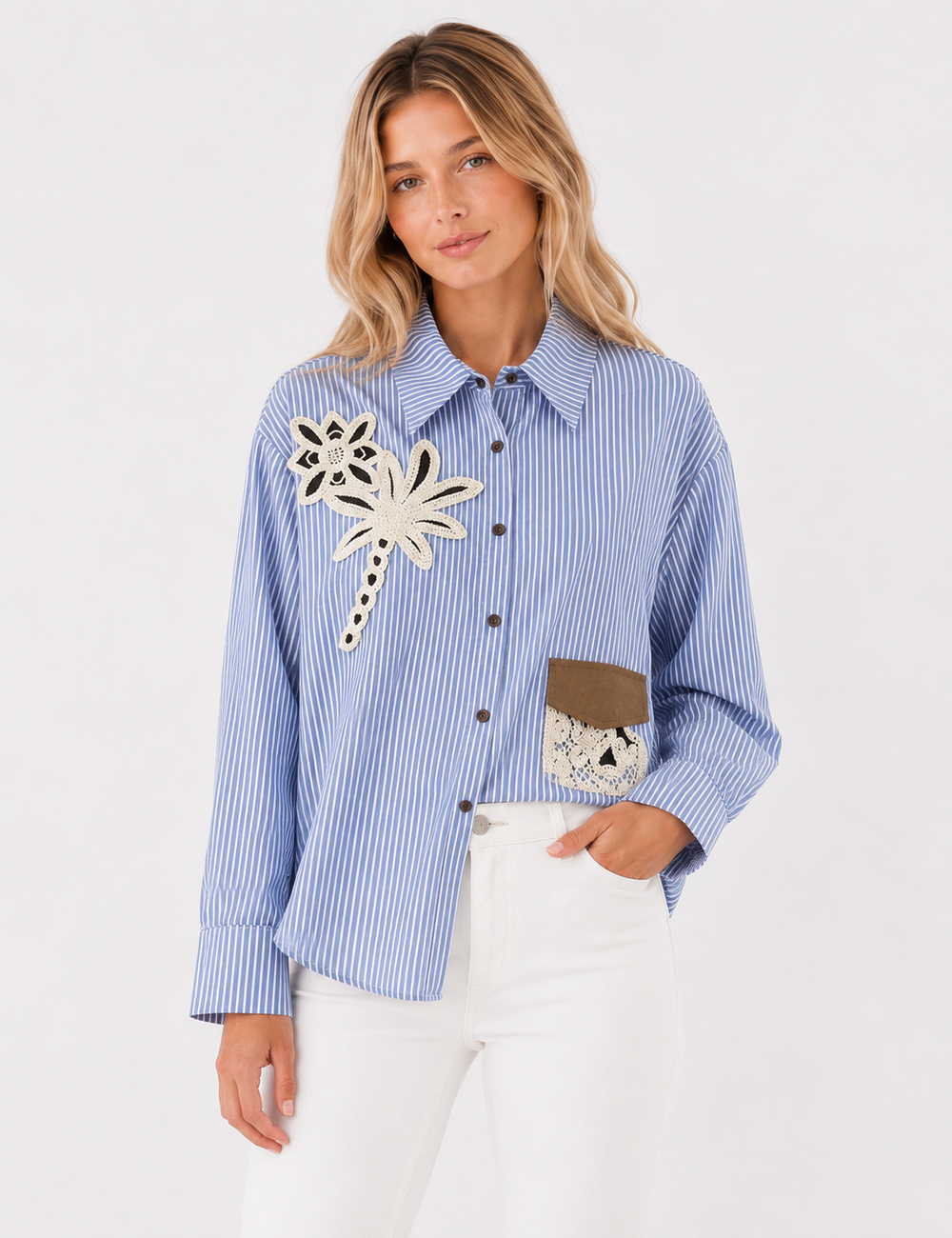 Ladies Striped Embroidery Floral Pocket Button-Down Shirt
