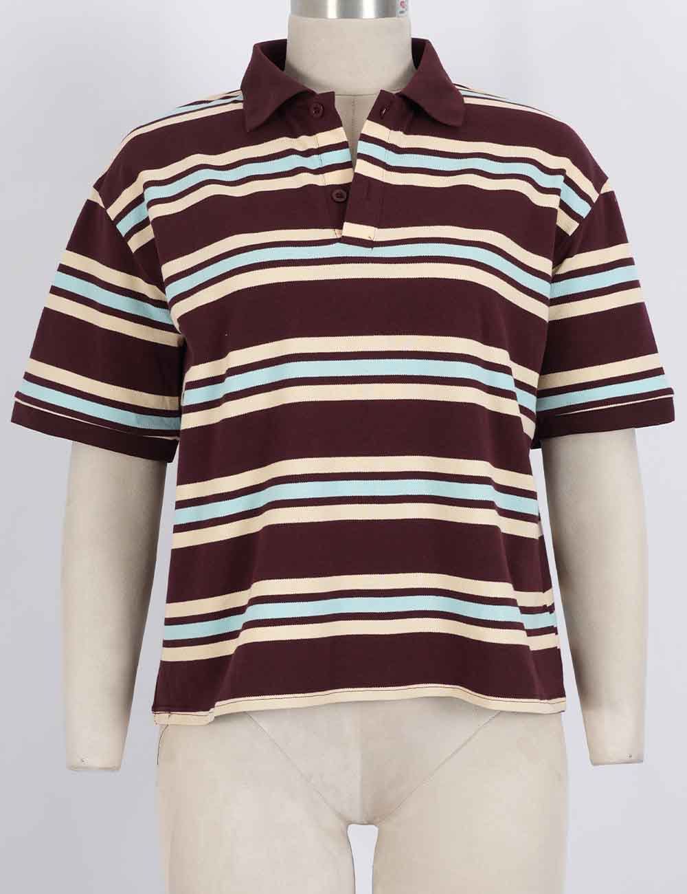 Ladies Striped Polo Collar Short Sleeves T-Shirt Top