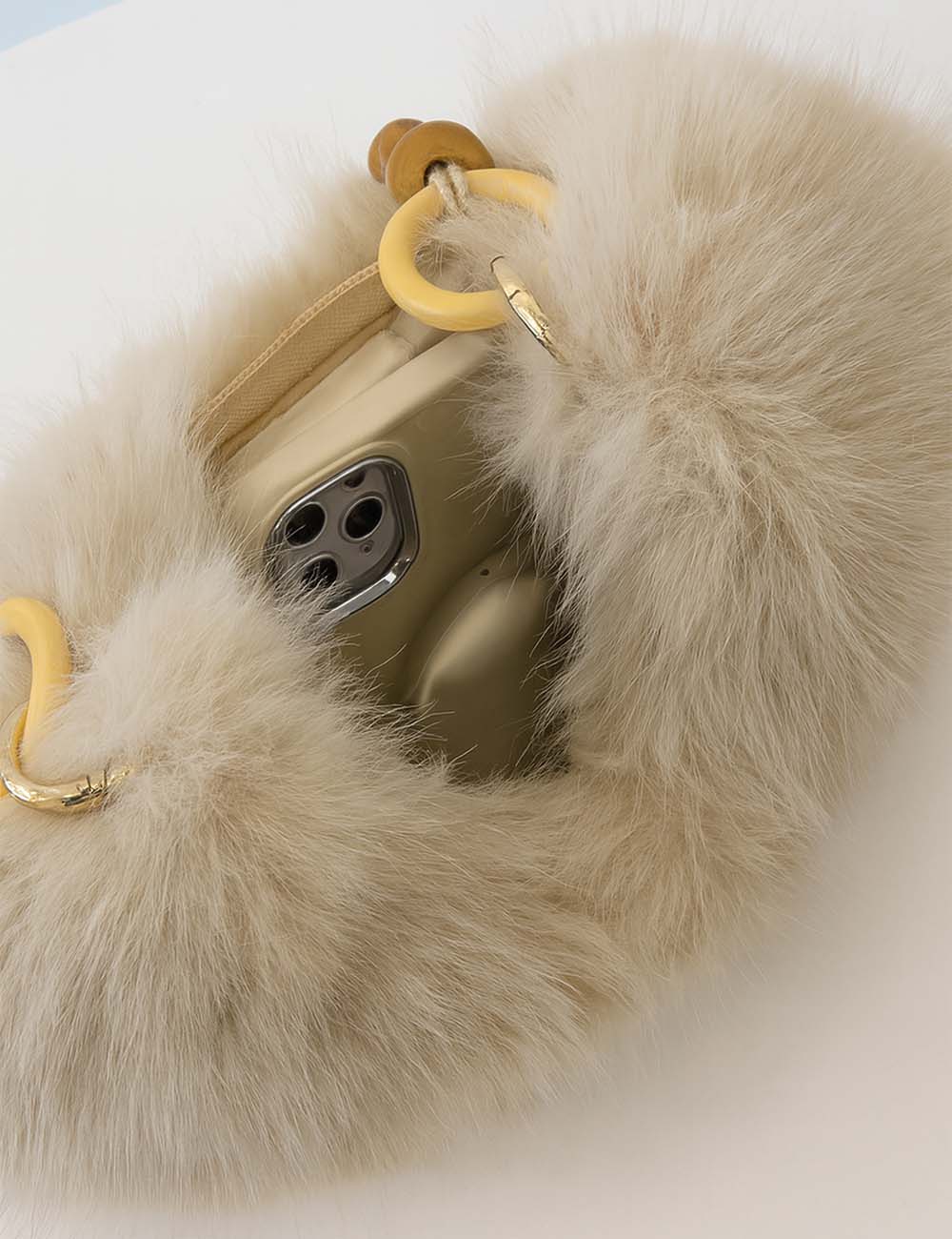 Ladies Fuzzy Faux Fur Plush Beaded Crescent Handing Bag