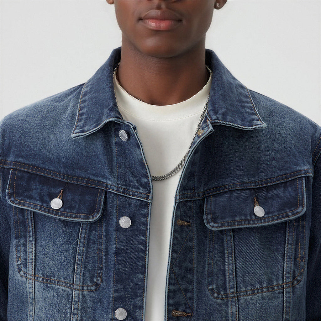 Men's Classic Pointed Collar Washed Denim Trucker Jacket