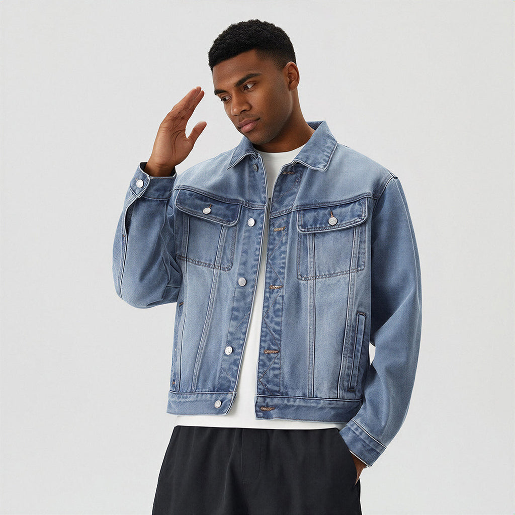 Men's Classic Pointed Collar Washed Denim Trucker Jacket
