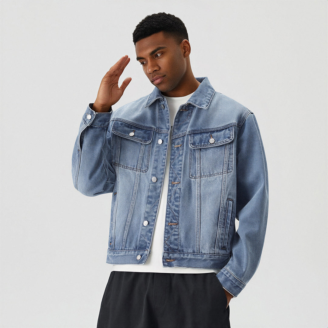 Men's Classic Pointed Collar Washed Denim Trucker Jacket