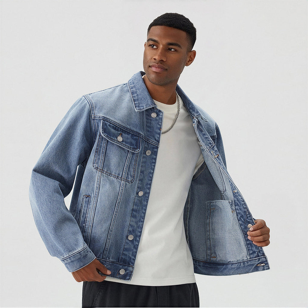 Men's Classic Pointed Collar Washed Denim Trucker Jacket