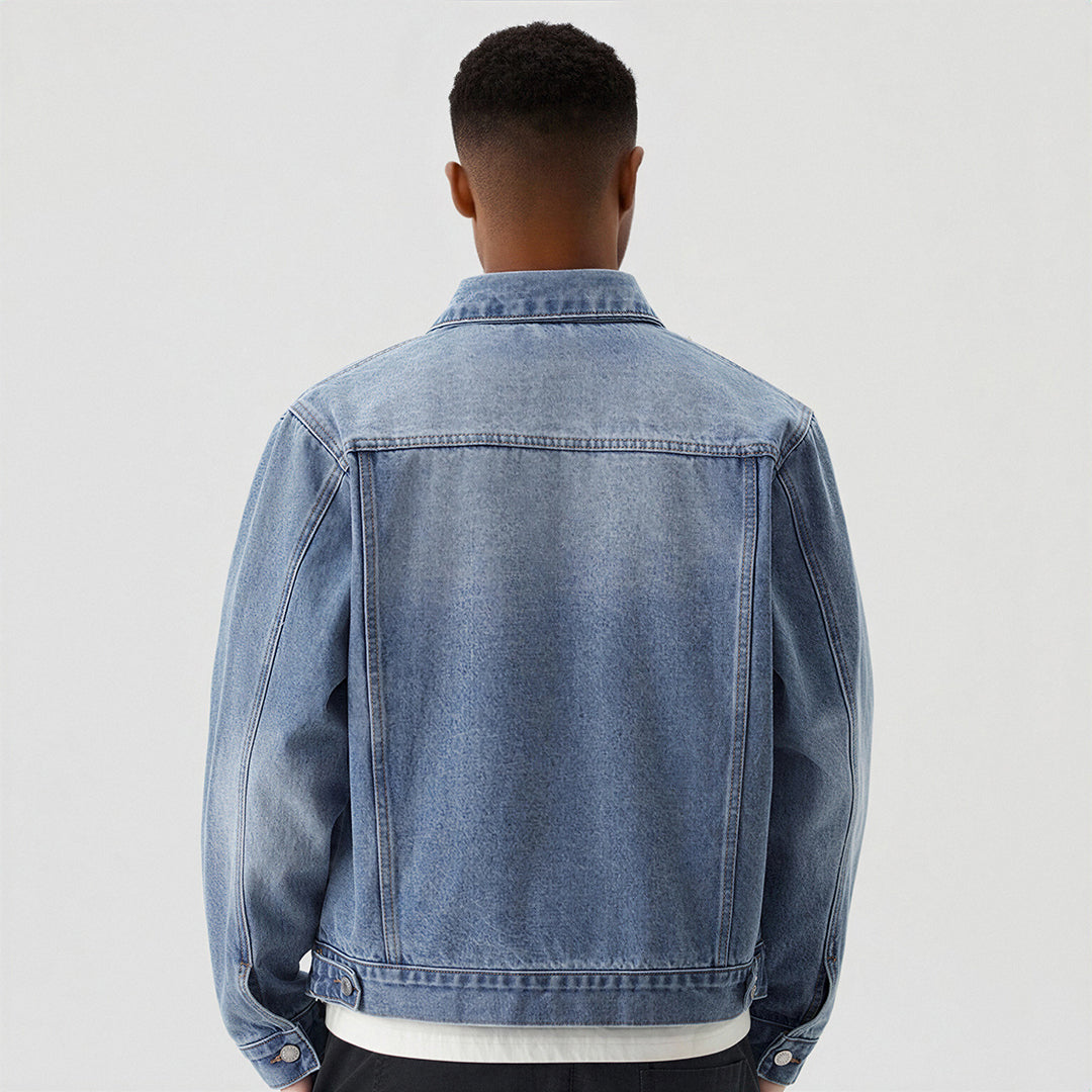 Men's Classic Pointed Collar Washed Denim Trucker Jacket