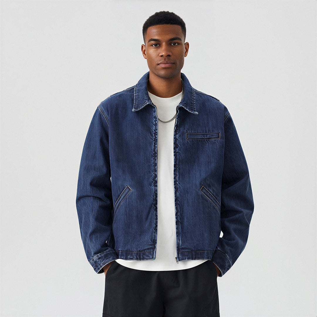 Men's Washed Vintage Washed Denim Workwear Collar Jacket