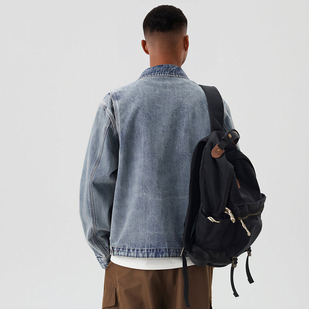 Men's Washed Vintage Washed Denim Workwear Collar Jacket
