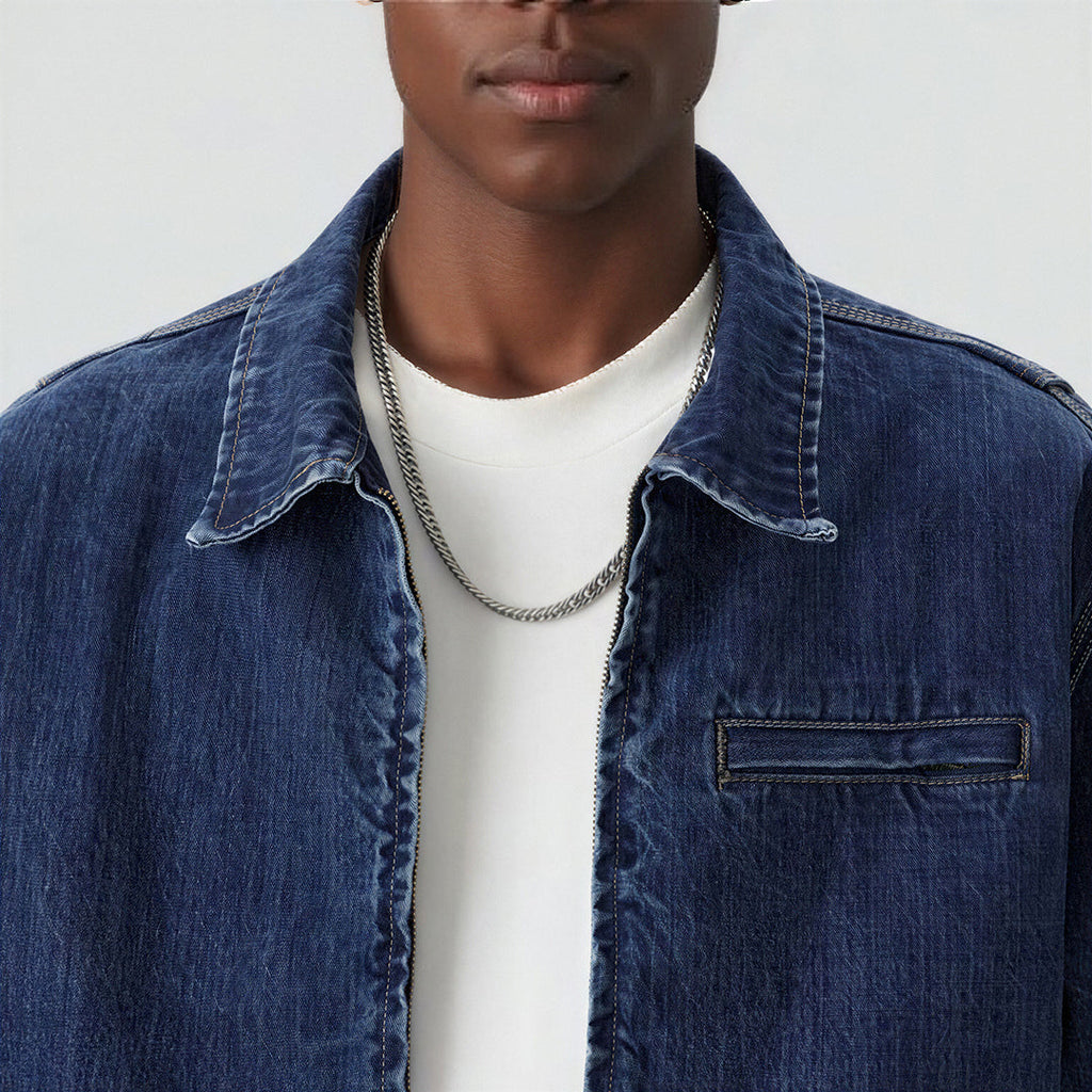 Men's Washed Vintage Washed Denim Workwear Collar Jacket