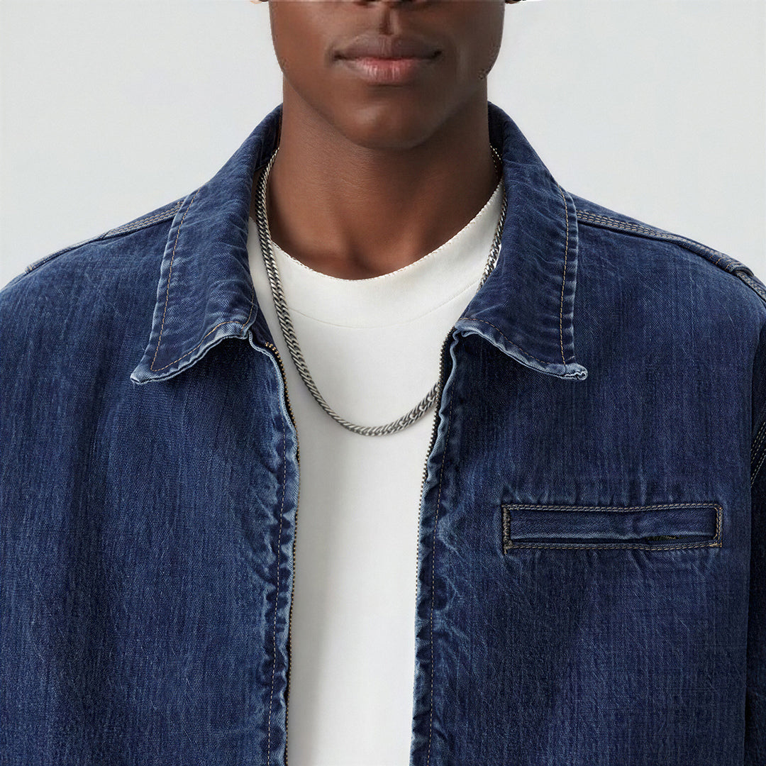 Men's Washed Vintage Washed Denim Workwear Collar Jacket