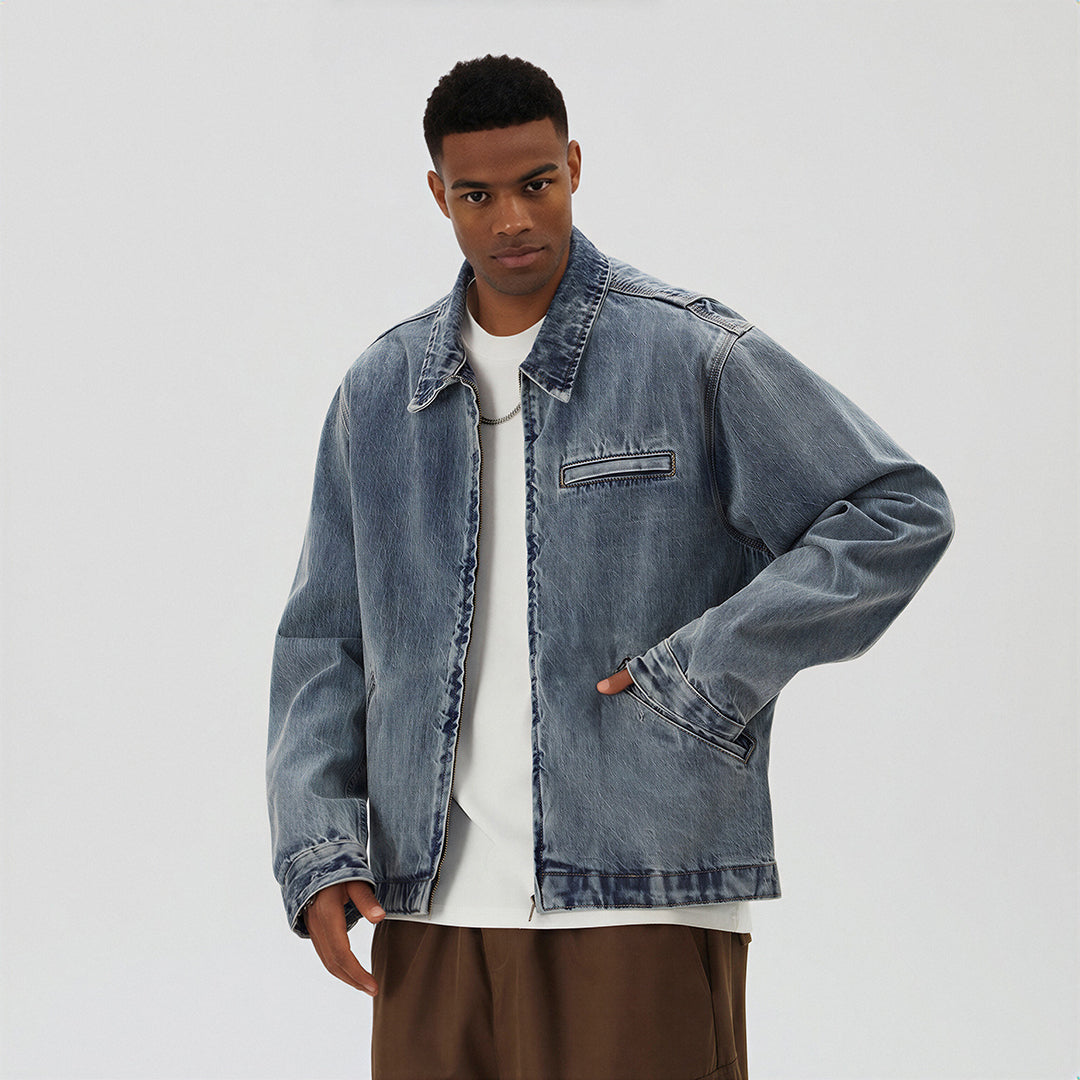 Men's Washed Vintage Washed Denim Workwear Collar Jacket