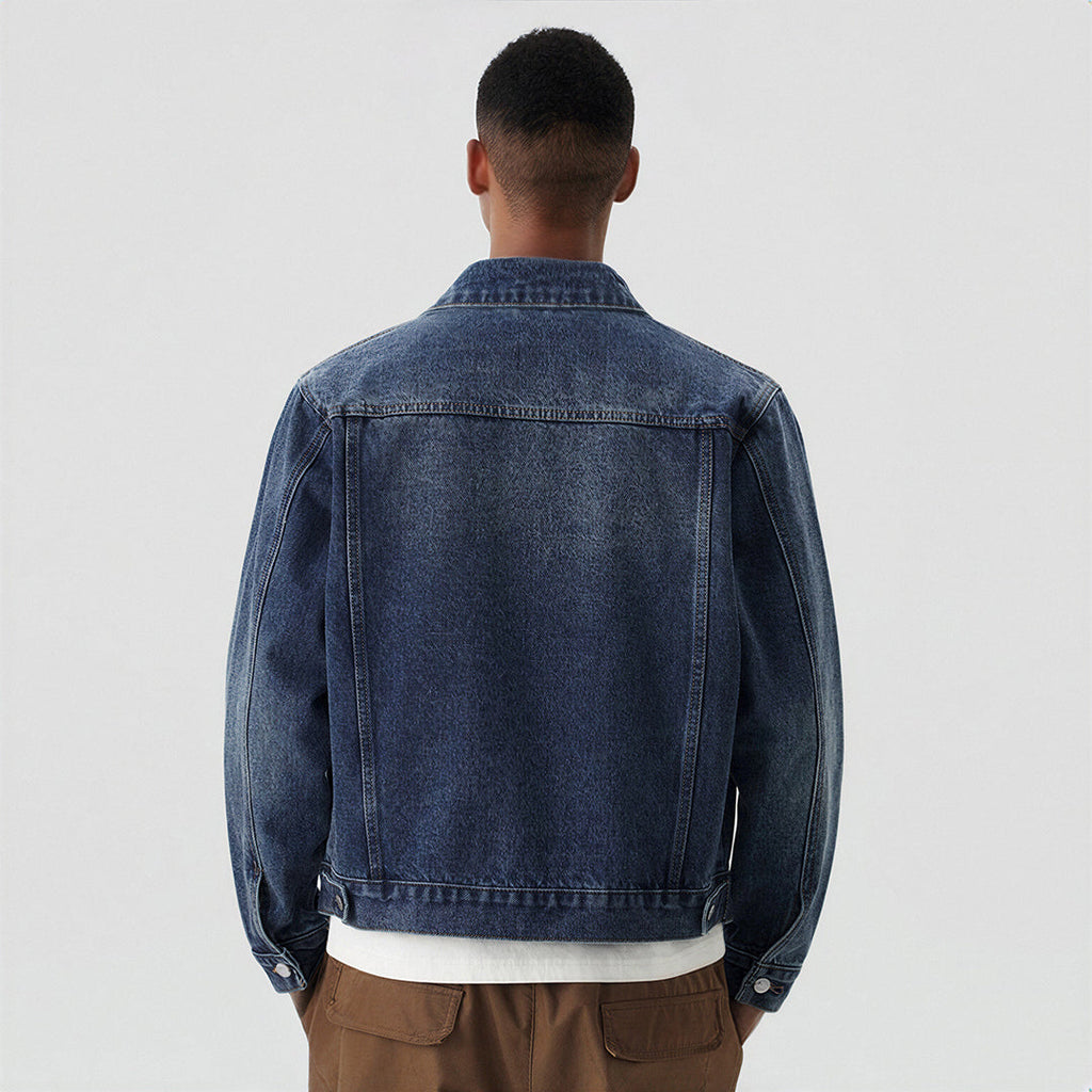 Men's Classic Pointed Collar Washed Denim Trucker Jacket
