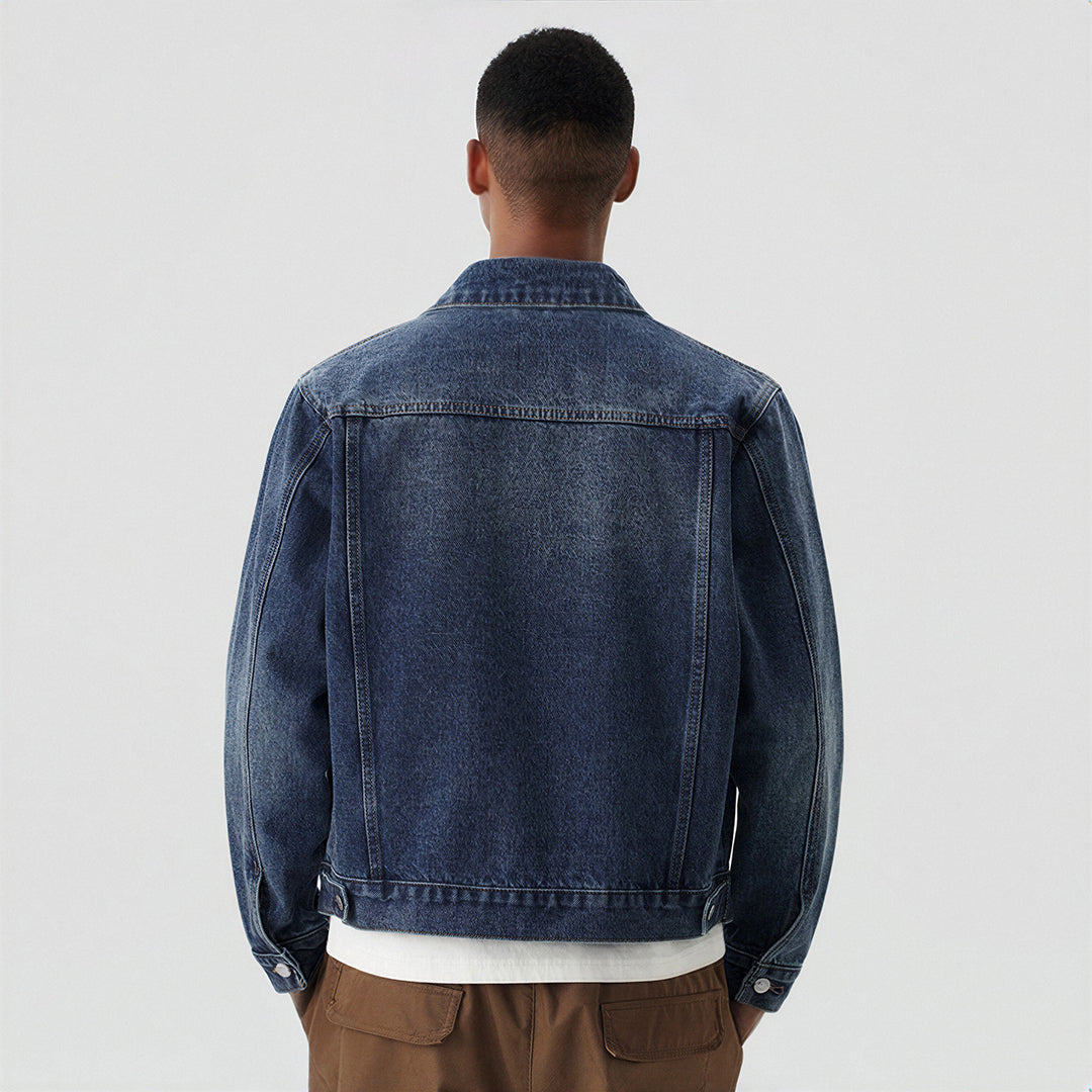 Men's Classic Pointed Collar Washed Denim Trucker Jacket