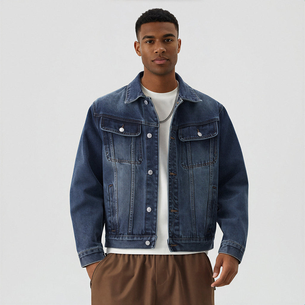 Men's Classic Pointed Collar Washed Denim Trucker Jacket