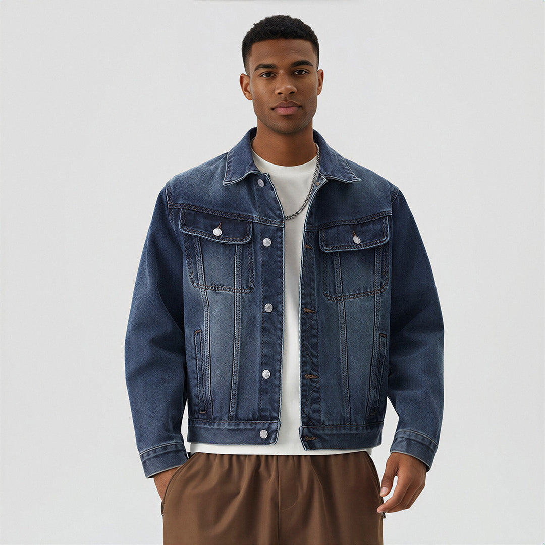 Men's Classic Pointed Collar Washed Denim Trucker Jacket