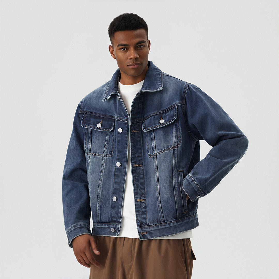 Men's Classic Pointed Collar Washed Denim Trucker Jacket