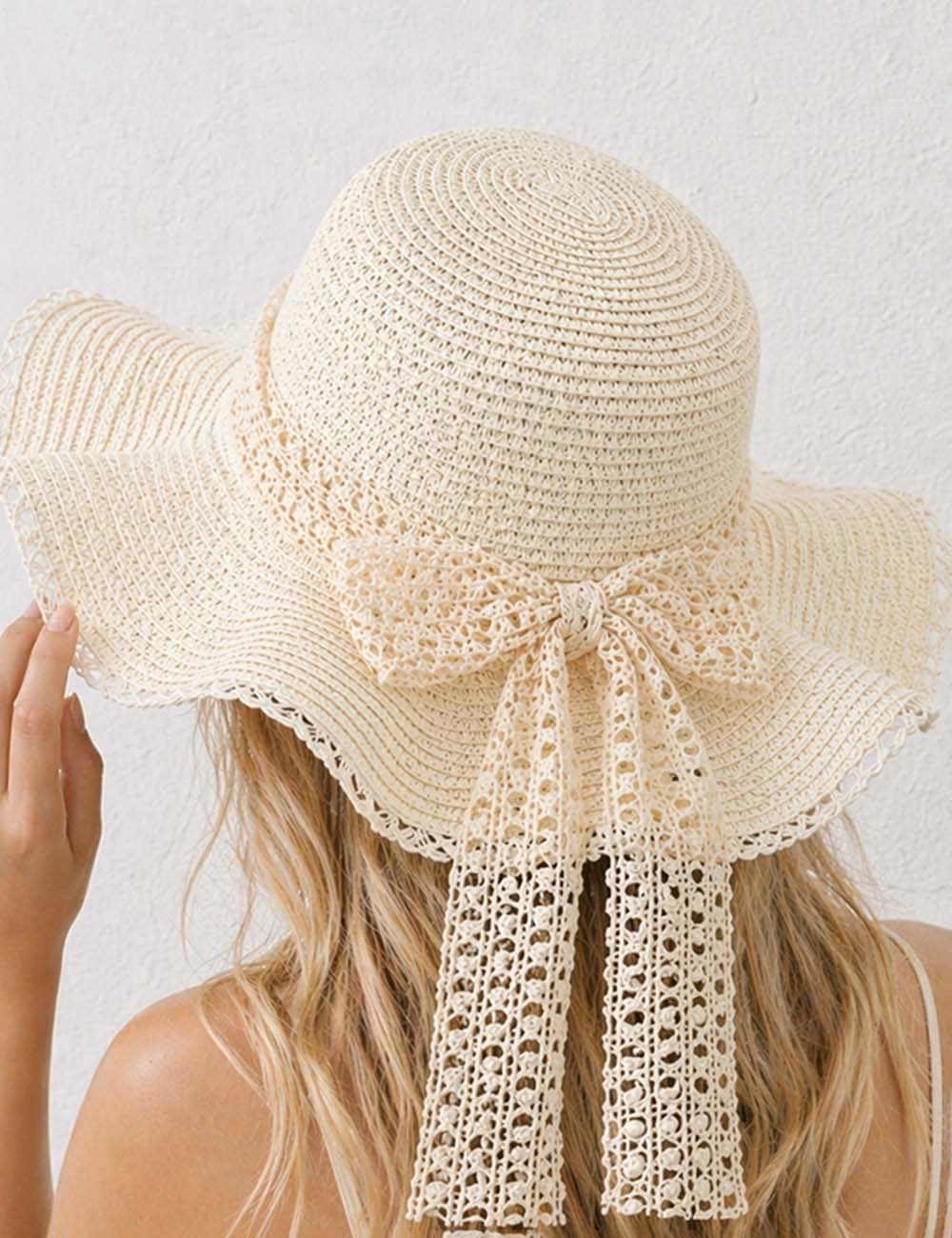 Ladies Boho Ruffled Wide Brim Lace Bow Straw Beach Hat