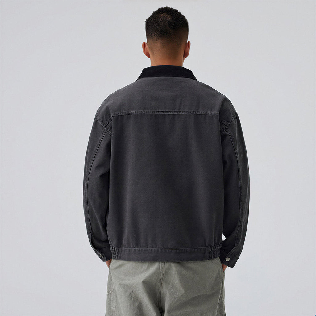 Men's Spring Contrast Collar Washed Denim Work Jacket