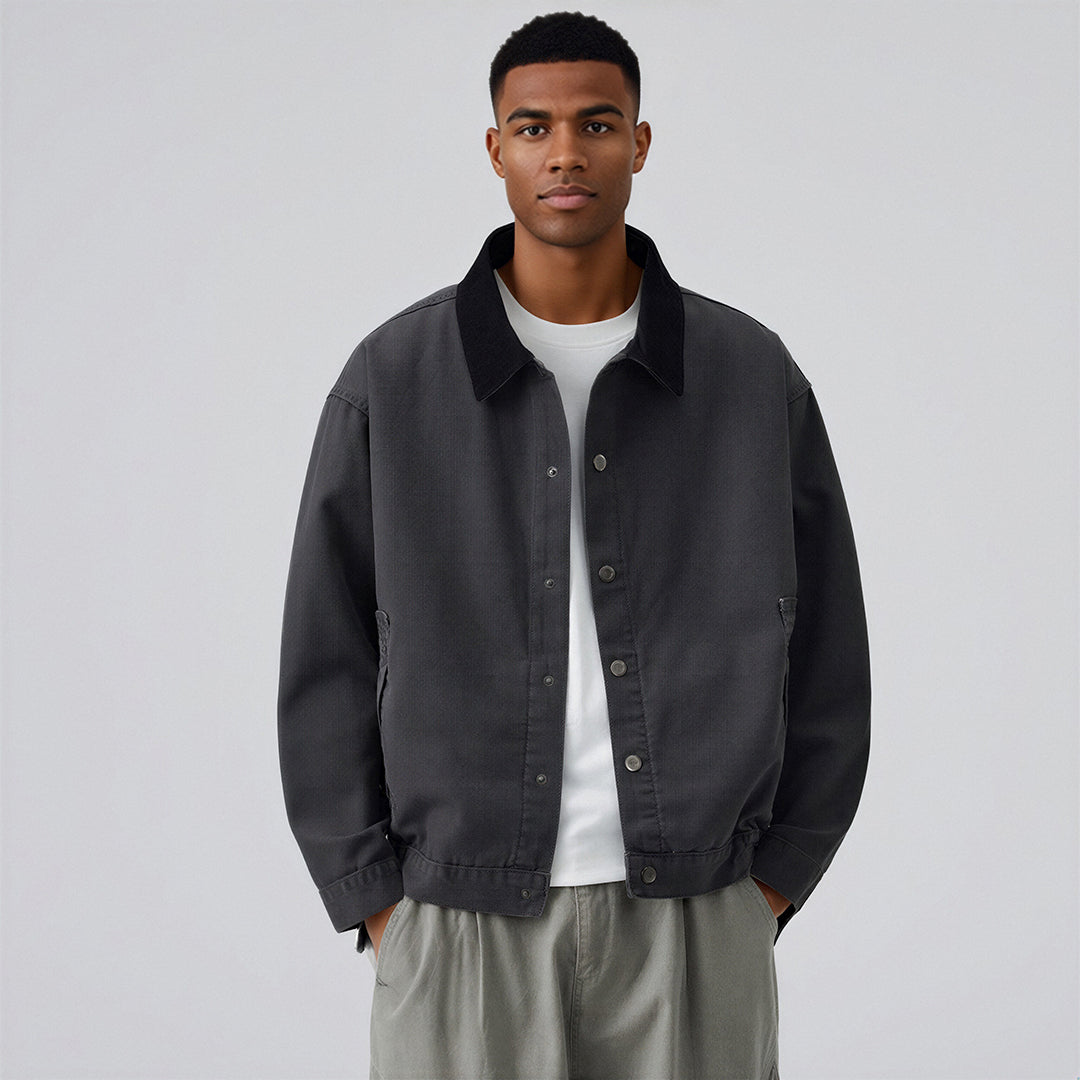 Men's Spring Contrast Collar Washed Denim Work Jacket