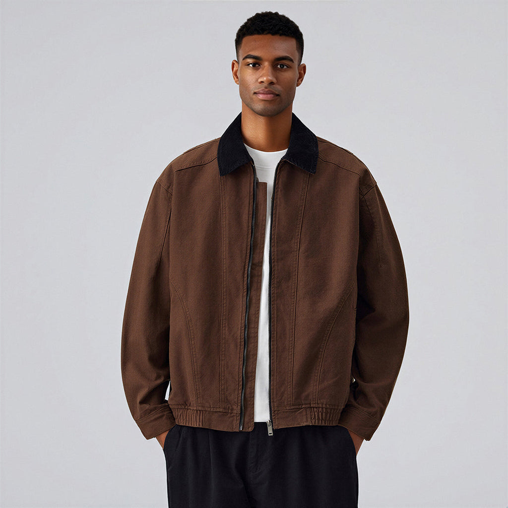 Men's Spring Contrast Collar Washed Denim Work Jacket