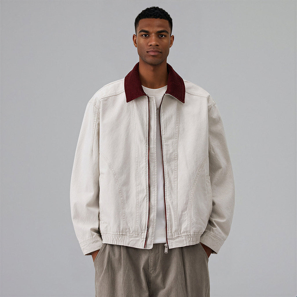 Men's Spring Contrast Collar Washed Denim Work Jacket