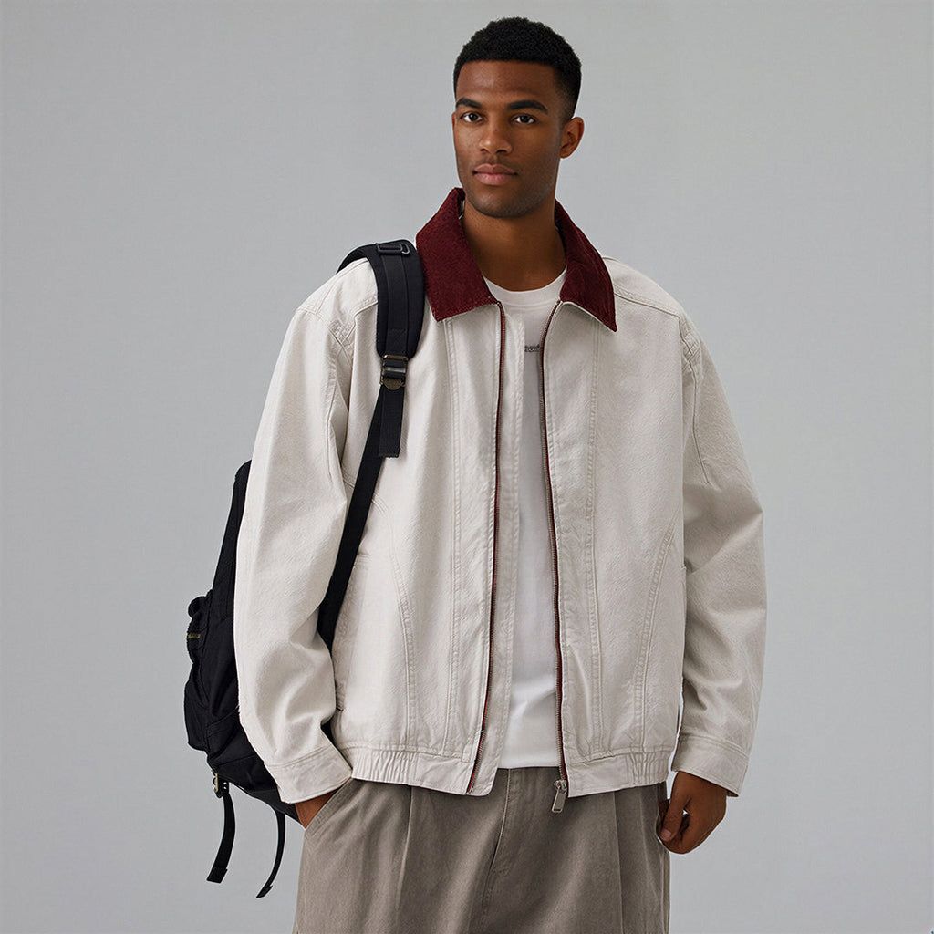 Men's Spring Contrast Collar Washed Denim Work Jacket