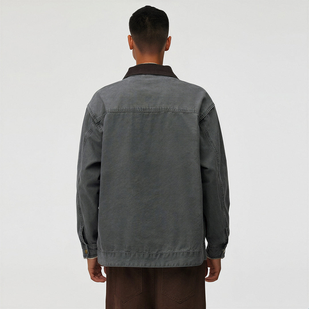 Men's Spring Contrast Collar Washed Denim Work Jacket