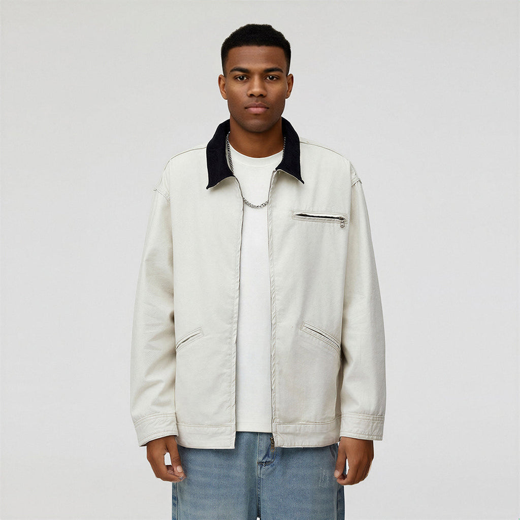 Men's Spring Contrast Collar Washed Denim Work Jacket