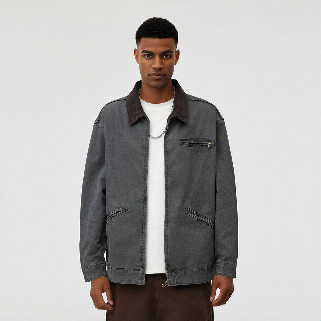 Men's Spring Contrast Collar Washed Denim Work Jacket