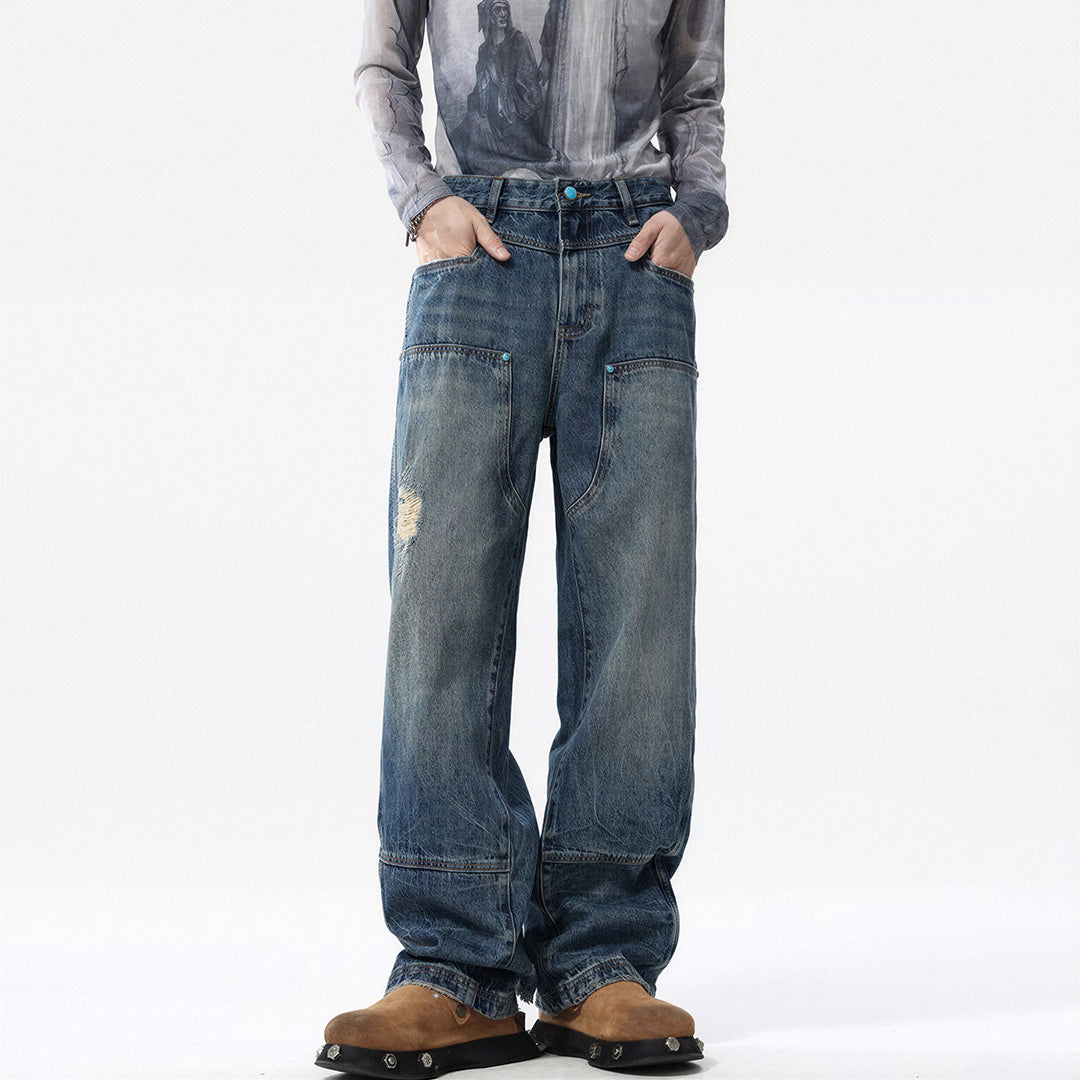 Men's Spring Vintage Washed Carpenter Straight Leg Jeans