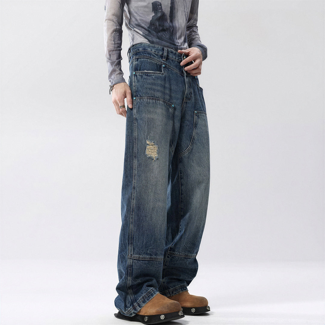 Men's Spring Vintage Washed Carpenter Straight Leg Jeans