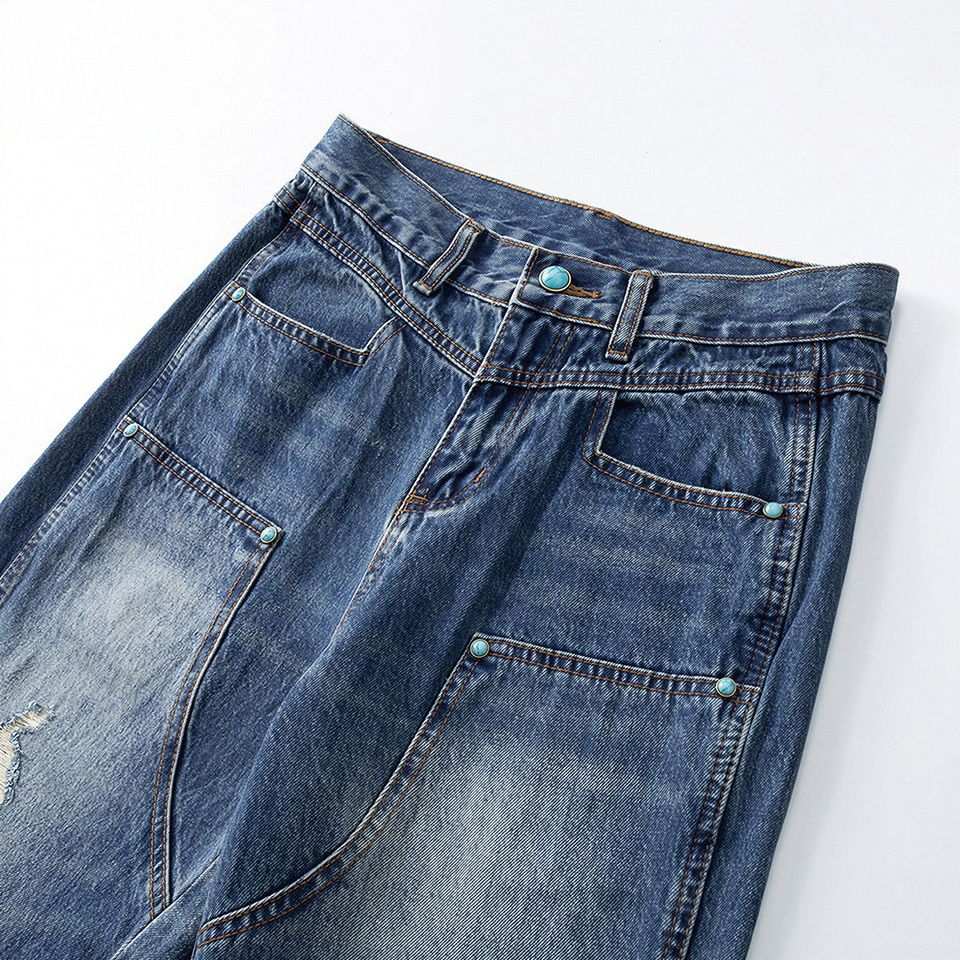 Men's Spring Vintage Washed Carpenter Straight Leg Jeans