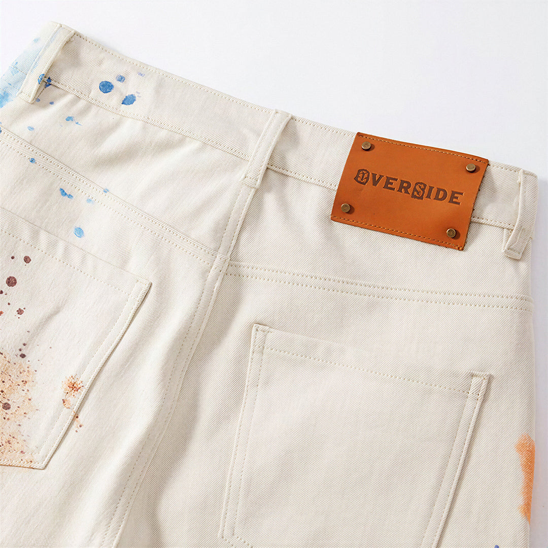 Men's Summer Off-White Blue & Orange Splatter Denim Shorts