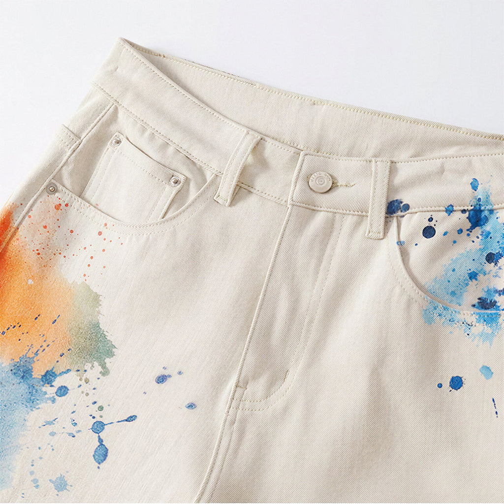 Men's Summer Off-White Blue & Orange Splatter Denim Shorts