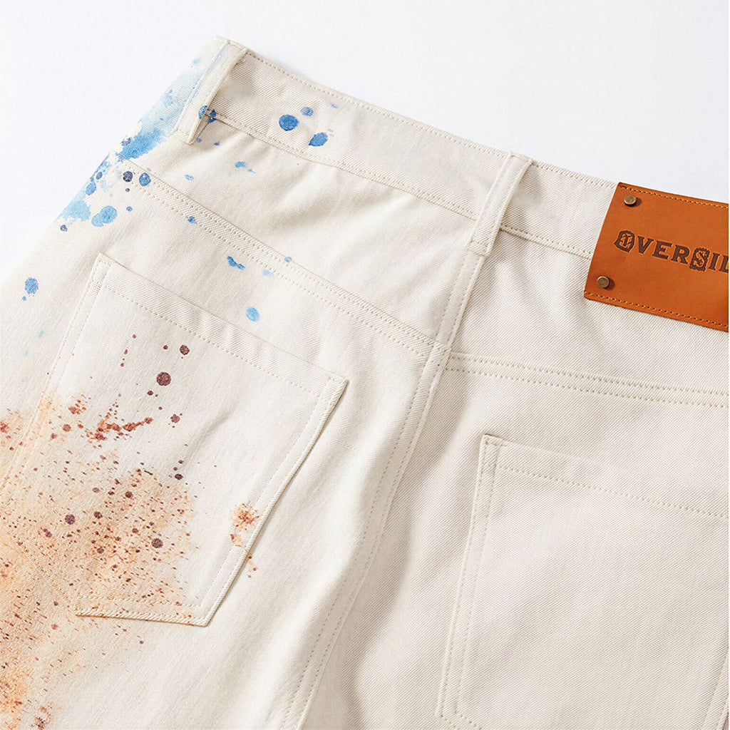 Men's Summer Off-White Blue & Orange Splatter Denim Shorts