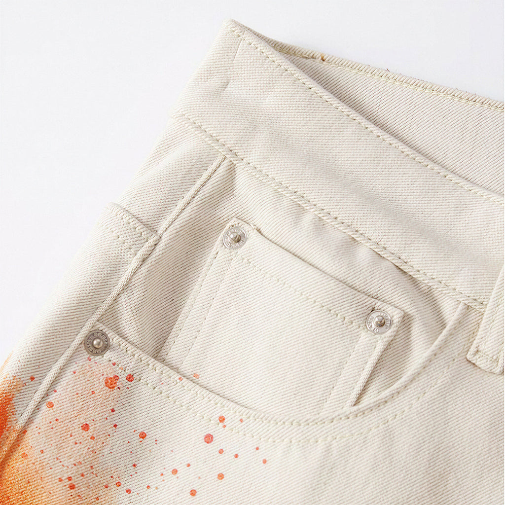 Men's Summer Off-White Blue & Orange Splatter Denim Shorts
