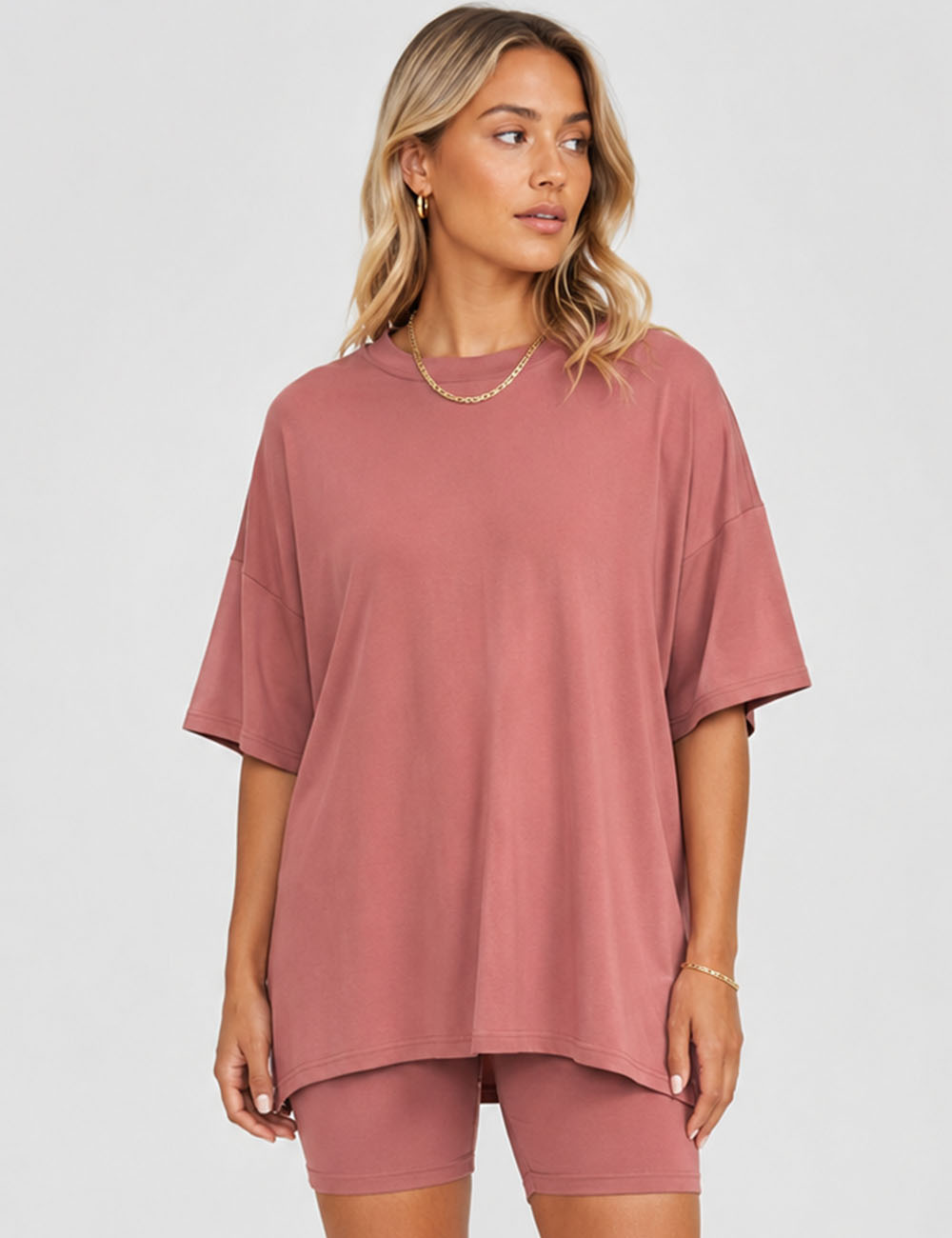 Ladies Solid Loungewear Outfits Loose Top & Slim Shorts Set