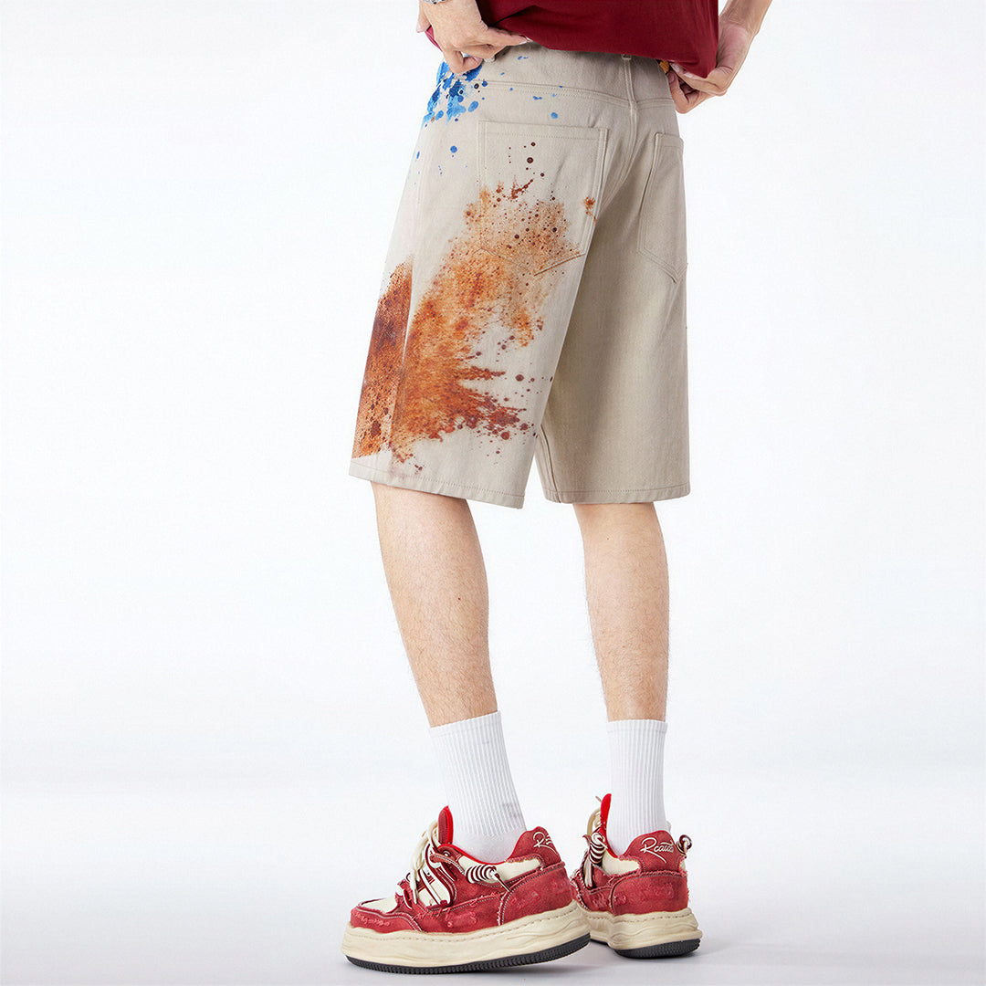 Men's Summer Off-White Blue & Orange Splatter Denim Shorts