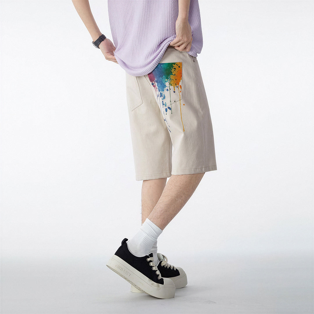 Men's Summer Off-White Splatter Print Straight Denim Shorts