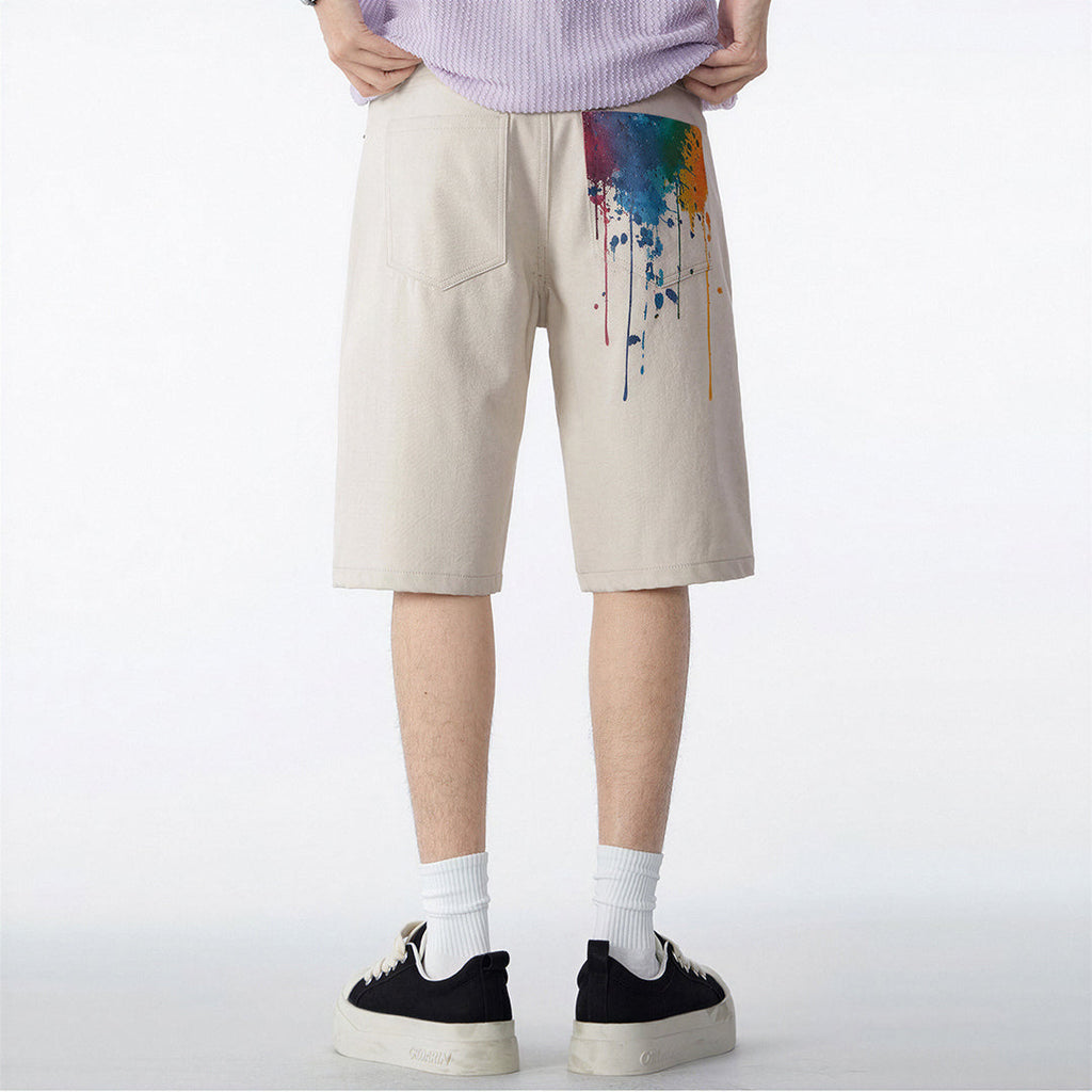 Men's Summer Off-White Splatter Print Straight Denim Shorts