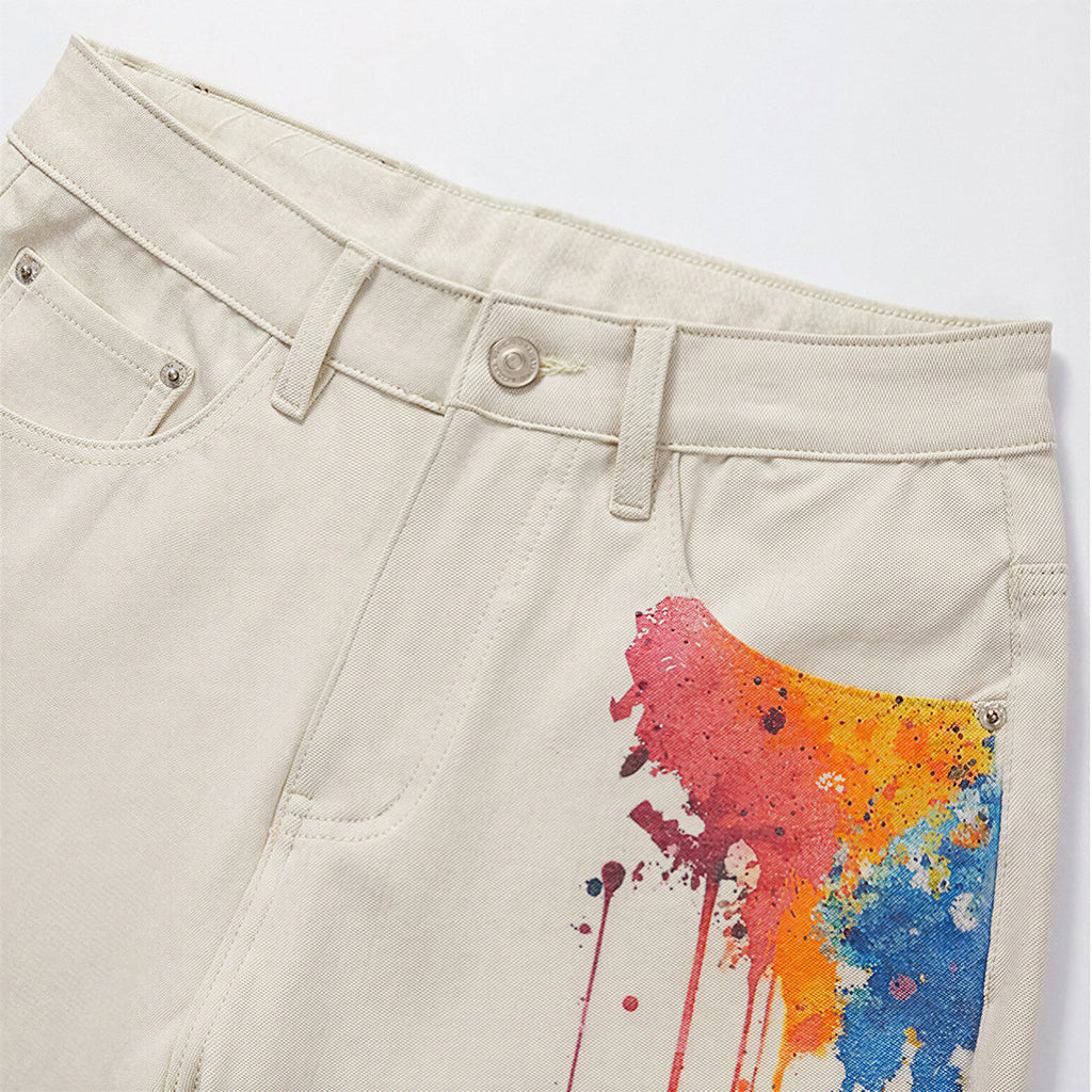 Men's Summer Off-White Splatter Print Straight Denim Shorts