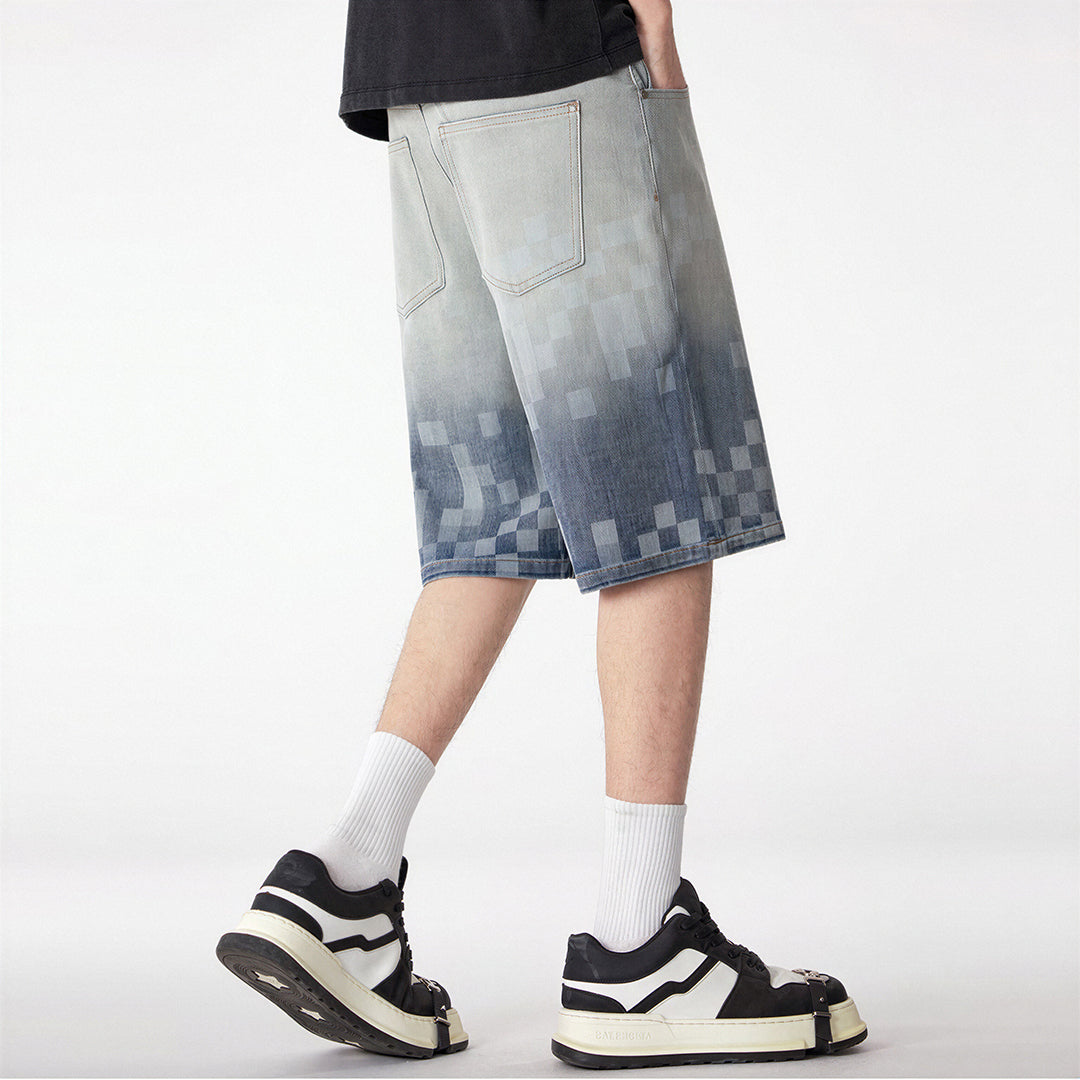 Men's Summer Gradient Pixel Print Straight Denim Shorts