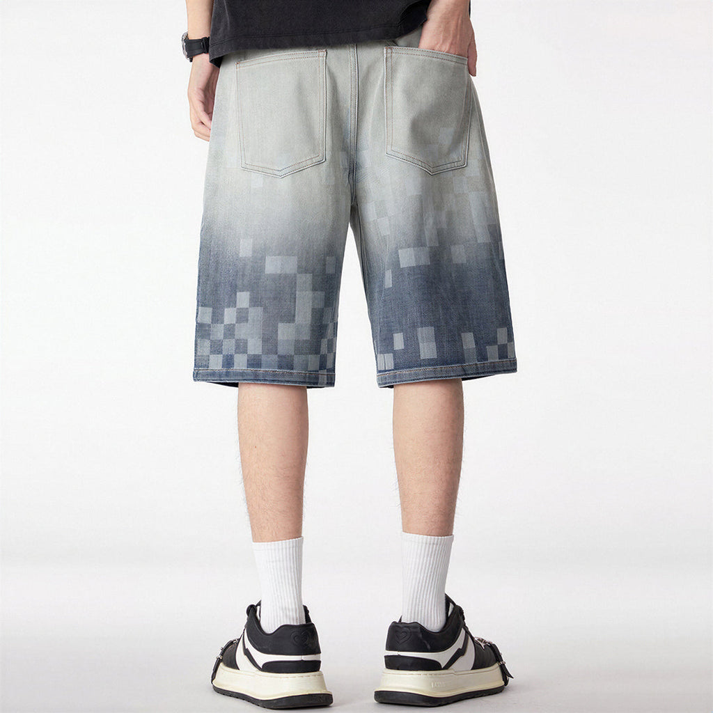 Men's Summer Gradient Pixel Print Straight Denim Shorts