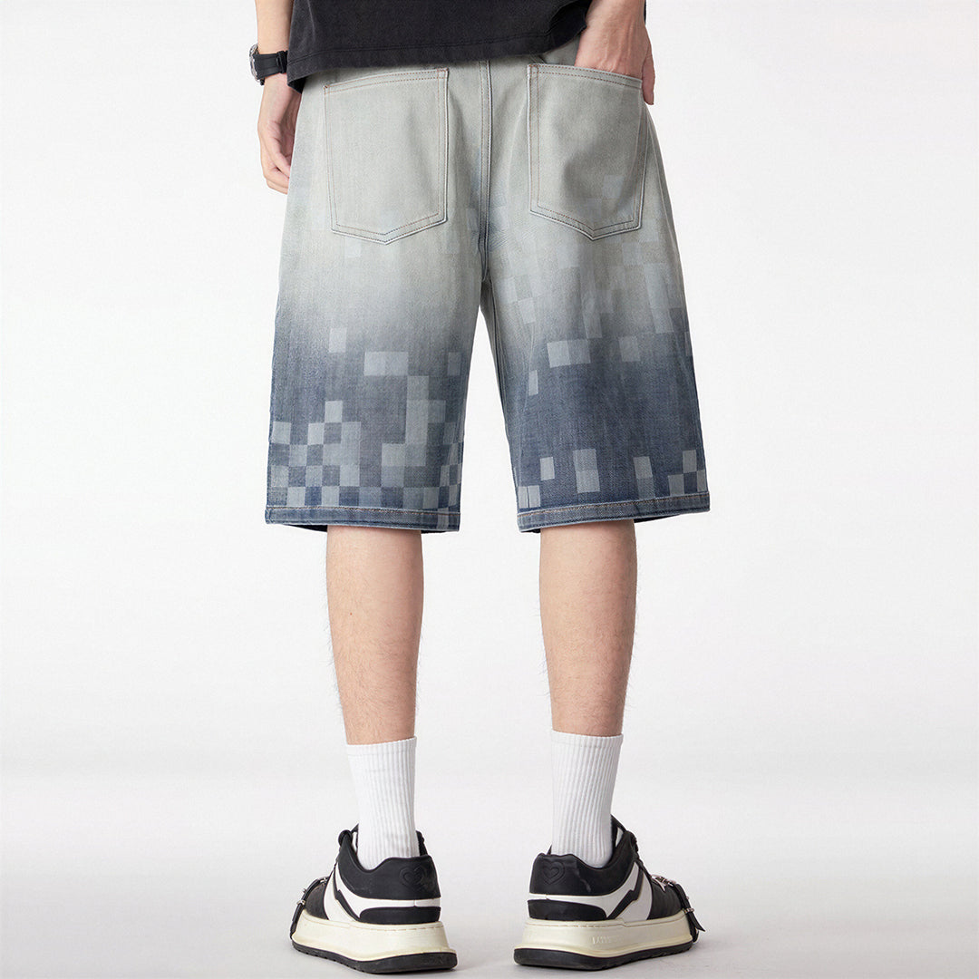 Men's Summer Gradient Pixel Print Straight Denim Shorts