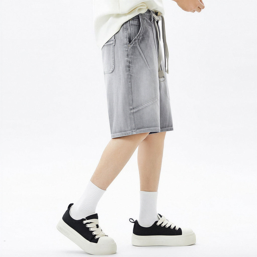 Men's Summer Washed Grey Drawstring Straight Denim Shorts