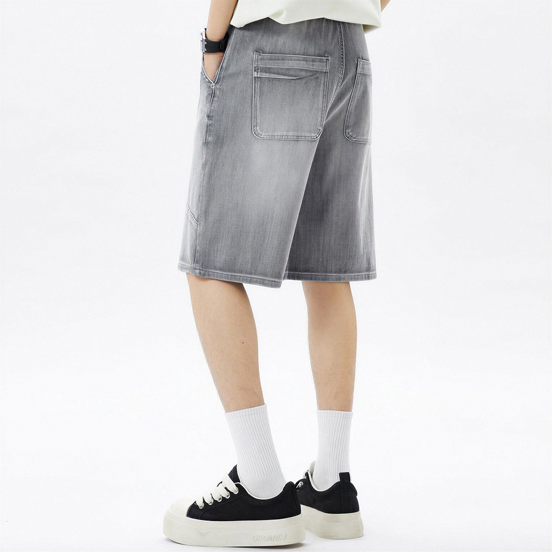 Men's Summer Washed Grey Drawstring Straight Denim Shorts