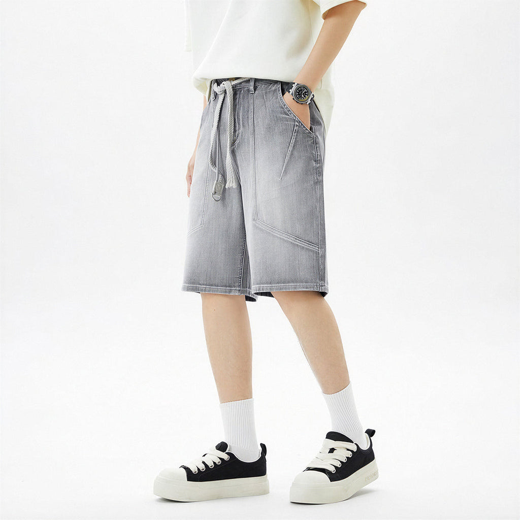 Men's Summer Washed Grey Drawstring Straight Denim Shorts