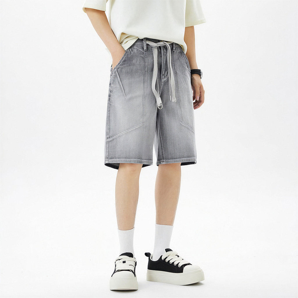 Men's Summer Washed Grey Drawstring Straight Denim Shorts