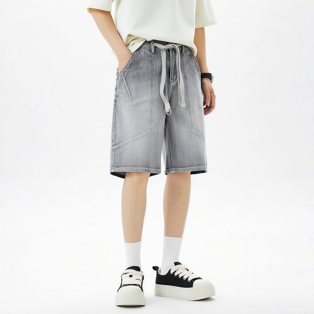 Men's Summer Washed Grey Drawstring Straight Denim Shorts