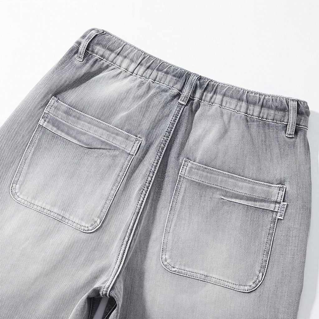 Men's Summer Washed Grey Drawstring Straight Denim Shorts