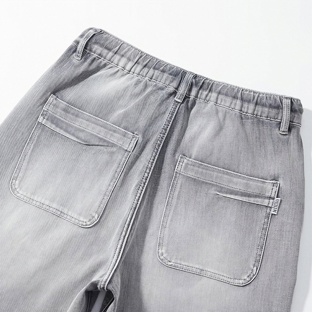 Men's Summer Washed Grey Drawstring Straight Denim Shorts